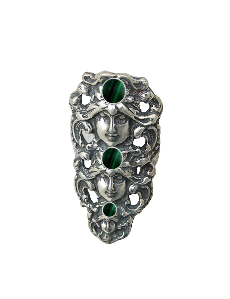 Sterling Silver Triple Goddess Ring With Malachite Size 6